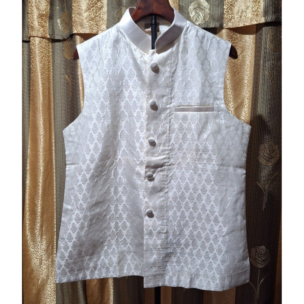 Manyavar Mens Off-White Silk Jacquard Nehru Jacket Waistcoat Modi Vest Size L 40